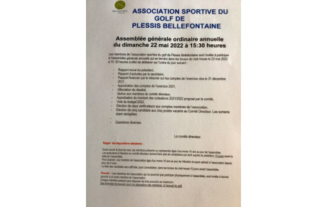 ASSEMBLÉE GÉNÉRALE DE NOTRE AS LE 22 Mai à 15H30 DANS LES LOCAUX DU CLUB HOUSE 
